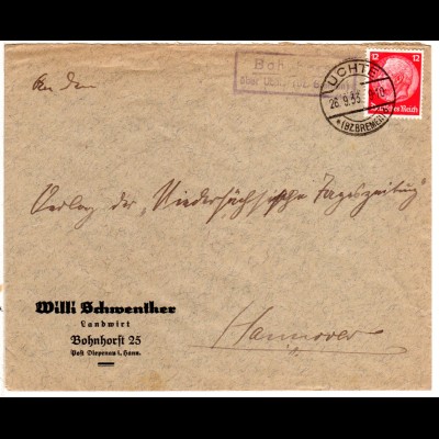 DR 1933, Landpost Stpl. BOHNHORST über Uchte (Bz. Bremen) auf Brief m. 12 Pf. 