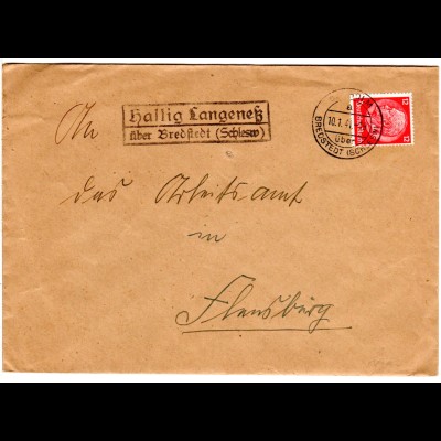DR 1941, Landpost Stpl. HALLIG LANGENESS über Bredstedt auf Brief m. 12 Pf. 