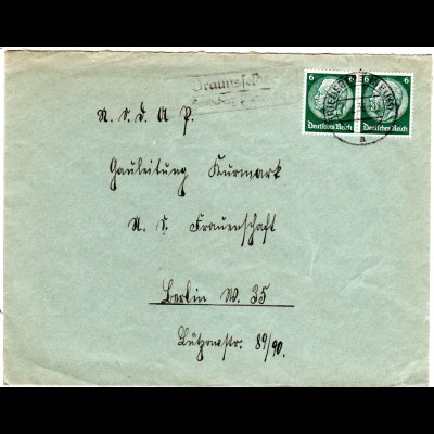DR 1938, Landpost Stpl. BRAUNSFELDE über Friedeberg auf NSDAP Brief m. 2x6 Pf. 