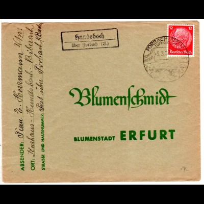 DR 1937, Landpost Stpl. HUNDSBACH über Forbach (B.) auf Brief m. 12 Pf. 