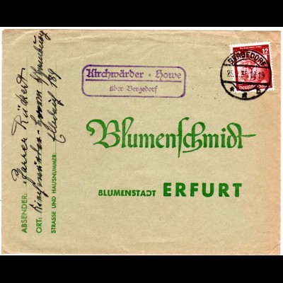 DR 1935, Landpost Stpl. KIRCHWÄRDER-HOWE über Bergedorf auf Brief m. 12 Pf. 