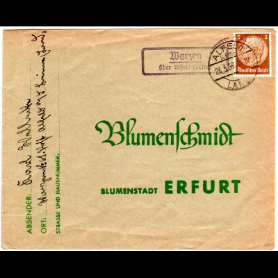DR 1936, Landpost Stpl. WARZEN über Alfeld (Leine) auf Drucksache Brief m. 3 Pf.