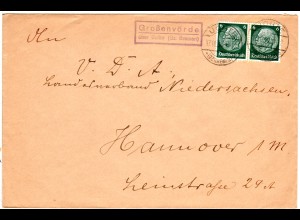 DR 1934, Landpost Stpl. Grossenvörde über Uchte (Bz. Bremen) auf Brief m. 2x6 Pf