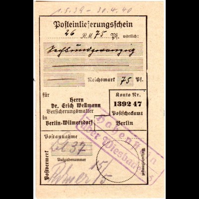 DR 1939, Landpoststempel HOHENSTEIN über Wiesbaden auf Posteinlieferungsschein!