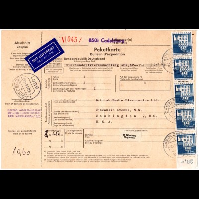 BRD 1966, Übersee Luftpost Wert Paketkarte v. Cadolzburg m. hoher Frankatur 