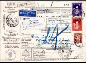 Norwegen 1955, 5+2 Kr.+15 öre auf auf Luftpost Paketkarte v. Drammen n. Belgien