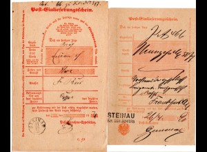 DR 1874/90 2 versch. Post-Einlieferungsscheine m. Fingerhut- bzw. L2 Steinau 