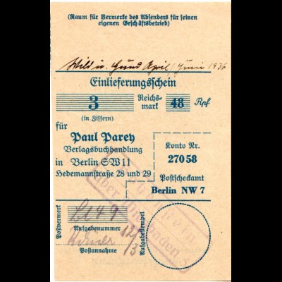 DR 1936, Landpoststempel HOHENSTEIN über Wiesbaden auf Posteinlieferungsschein
