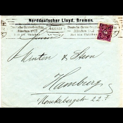 DR 1922, 2 Mk. m. perfin Firmenlochung auf Norddeutscher Lloyd Brief v. Bremen.