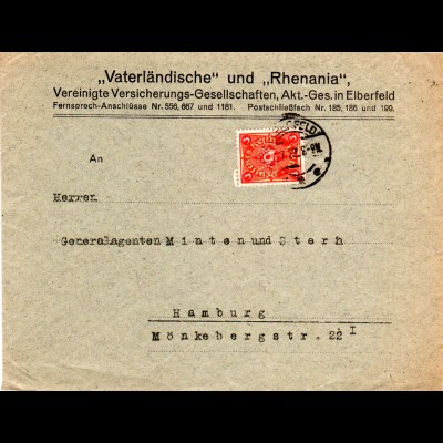 DR 1922, 3 Mk. m. perfin Firmenlochung auf Versicherungs Brief v. Elberfeld.