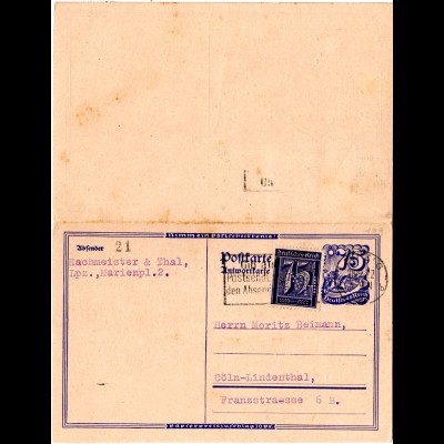 DR 1922, 75 Pf. m. perfin H&T, Zusatzfr. auf 75 Pf. Doppelkarte v. Leipzig