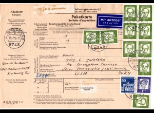 BRD 1966, 10x2 M.+1 M.+50 Pf. auf Luftpost Paketkarte v. Albersweiler n. USA