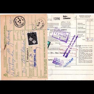 Norwegen 1972, Paketkarte v. Oslo-Lilleaker m. Schweden Lösen Nachporto