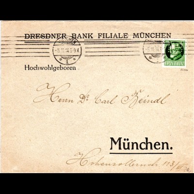 Bayern 1914, 5 Pf. m. perfin auf Dresdner Bank Brief v. München. Geprüft.