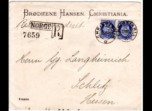 Norwegen 1902, Paar 20 öre auf Einschreiben Brief v. Christiania n. Deutschland