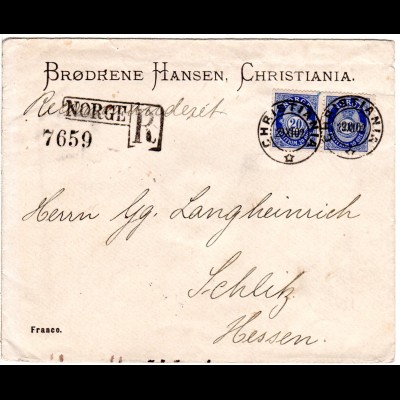 Norwegen 1902, Paar 20 öre auf Einschreiben Brief v. Christiania n. Deutschland