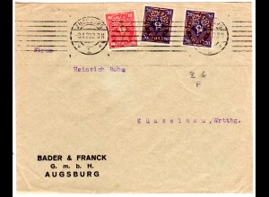 DR 1923, 10+2x20 Mk. m. perfin B & F auf Brief v. Augsburg