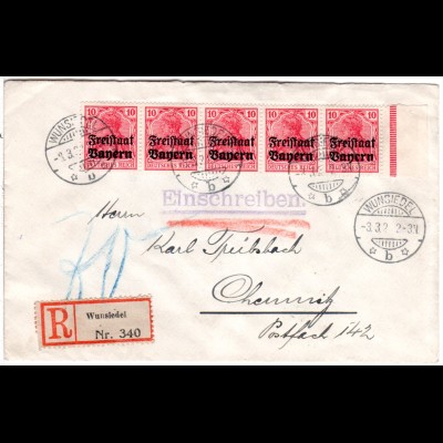 Bayern 1920, 5er-Streifen 10 Pf. Germania Freistaat auf Reko Brief v. Wunsiedel