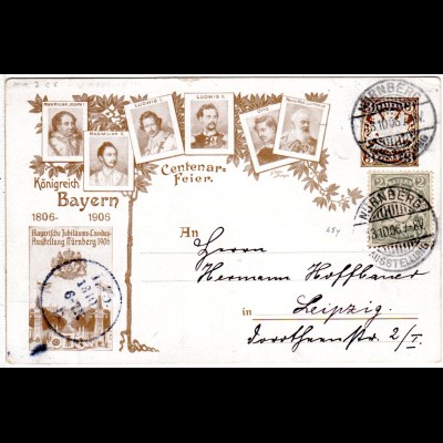 Bayern 1906, Sonderstpl. Nürnberg Ausstellung auf Centenarfeier Karte m. Zusatz