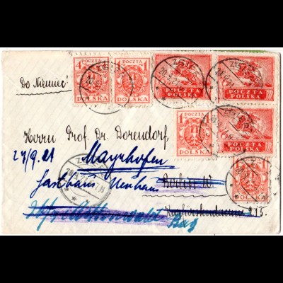 Polen 1921, 7 Marken auf Nachsendebrief v. Zgierz über Berlin n. Österreich