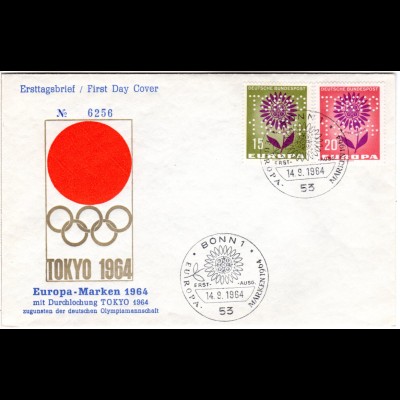 BRD Europamarken m. Perfin TOKYO 1964 auf FDC Olympiade Sonderumschlag