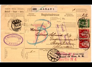 Schweiz 1923, 10 C.+2x1 Fr. auf Paketkarte v. Aarau n. Schweden.