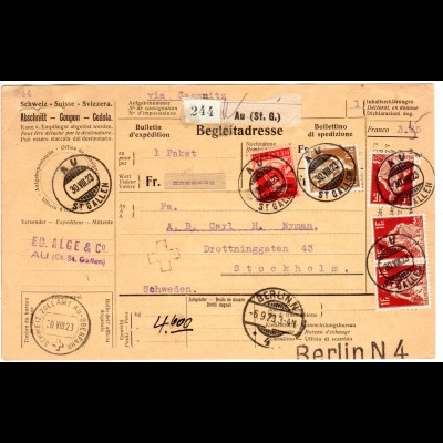 Schweiz 1923, 25+30.+3x1 Fr. auf Paketkarte v. Au (St.G.) n. Schweden.