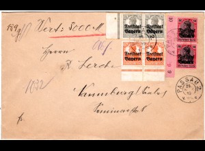 Bayern 1919, Paare 2 1/2+7 1/2+80 Pf. Germania Freistaat auf Wertbrief v. Passau