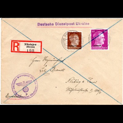 Ukraine 1943, 40+3 Pf. auf Einschreiben Brief v. Nikolajew durch Dt. Dienstpost