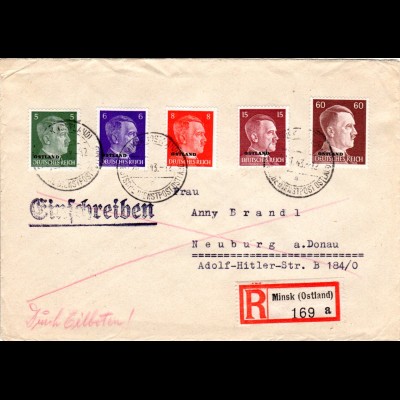 Ostland 1943, 5 Marken portorichtig auf Reko Express Brief v. Minsk 