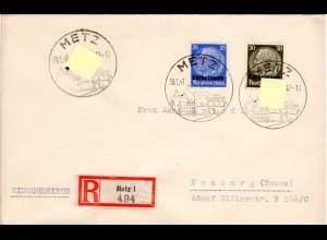 Lothringen 1941, 25+30 Pf. auf Einschreiben Brief v. Metz n. Neuburg