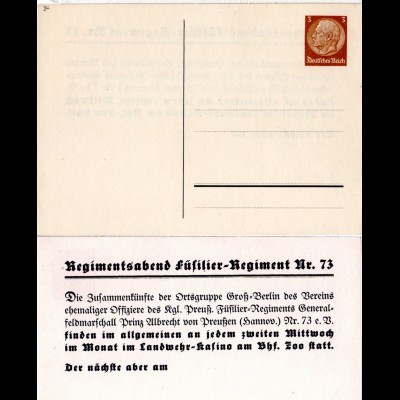 DR, ungebr. 3 Pf. Drucksache Privatganzsache Füsilier-Regiment Nr. 73