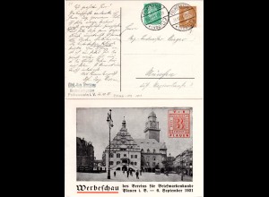 DR, gest. 3 Pf. Privatganzsache Briefmarken Werbeschau Plauen m. Zusatzfankatur
