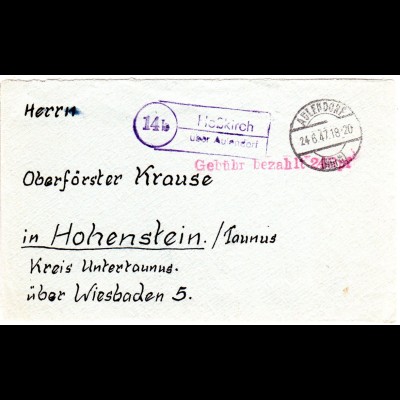 1947, Landpost Stpl. 14b HOSSKIRCH über Aulendorf auf Gebühr bezahlt Brief