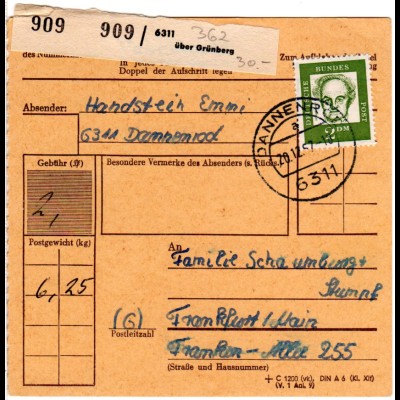 BRD 1962, EF 2 DM auf Paketkarte v. Dannenrod über Grünberg