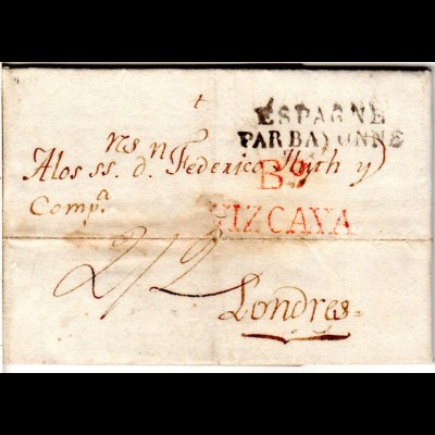Spanien 1819, B.o VIZCAYA in rot auf Porto Brief v. Bilbao via Frankreich n. GB