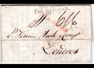 Spanien 1822, S.S.BSTIAN in rot auf Porto Brief v. San Sebastian n. GB