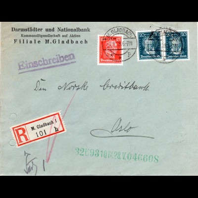 DR 1928, 15+2x20 Pf. m. perfins auf Reko Firmenbrief v. Mönchengladbach n. Oslo