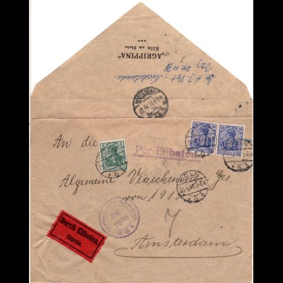 DR 1916, 5+2x20 Pf. Germania m. perfins auf Eilboten Zensur Brief v. Köln