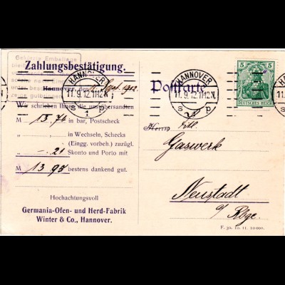 DR 1912, 5 Pf. Germania m. perfin auf Ofen- u. Herdfabrik-Karte v. Hannover