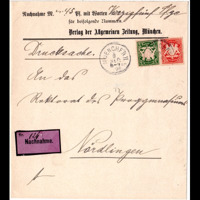 Bayern 1896, 5+10 Pf. auf Nachnahme Drucksache Streifband v. München
