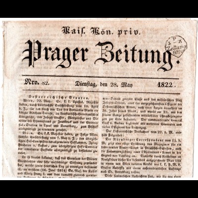 Österreich 1822, 1 Kr. Zeitungsstempel auf kompletter 4-seitger Prager Zeitung