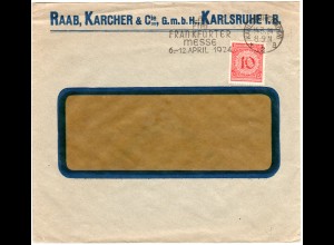 DR 1924, 10 Pf. m. perfin RK auf Raab Karcher Firmen Umschag v. Karlsruhe