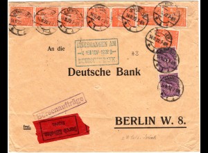 DR 1922, 10 Marken m. perfins auf Eilboten Brief m. Börsenaufträgen v. Hannover