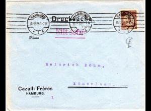 DR 1923, 3 Pf. m. perfin auf Firmen Drucksachenumschlag v. Hamburg