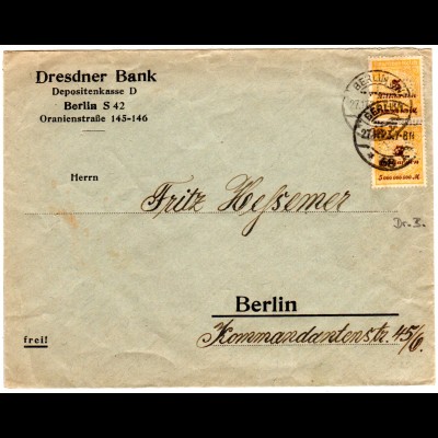 DR 1923, 2x5 Mia. m. perfin auf Bank Brief v. Berlin