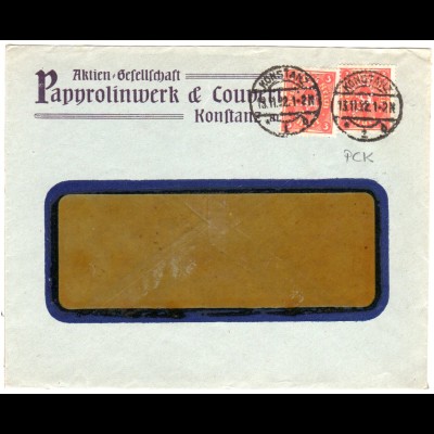DR 1922, 2x3 Mk. m. perfin auf Firmen Brief v. Konstanz