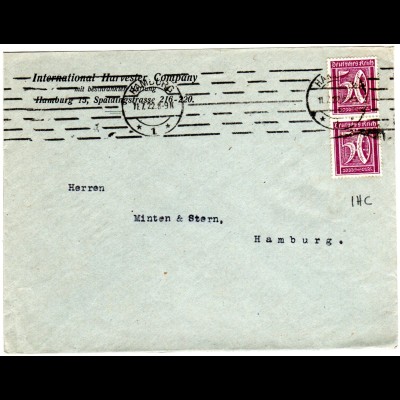 DR 1922, Paar 50 Pf. m. perfin auf Firmen Brief v. Hamburg