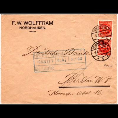 DR 1923, Paar 300 Mk. m. perfin auf Firmen Brief v. Nordhausen