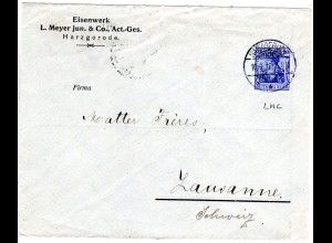 DR 1911, 20 Pf. Germania m. perfin auf Firmenbrief v. Harzgerode i.d. Schweiz.